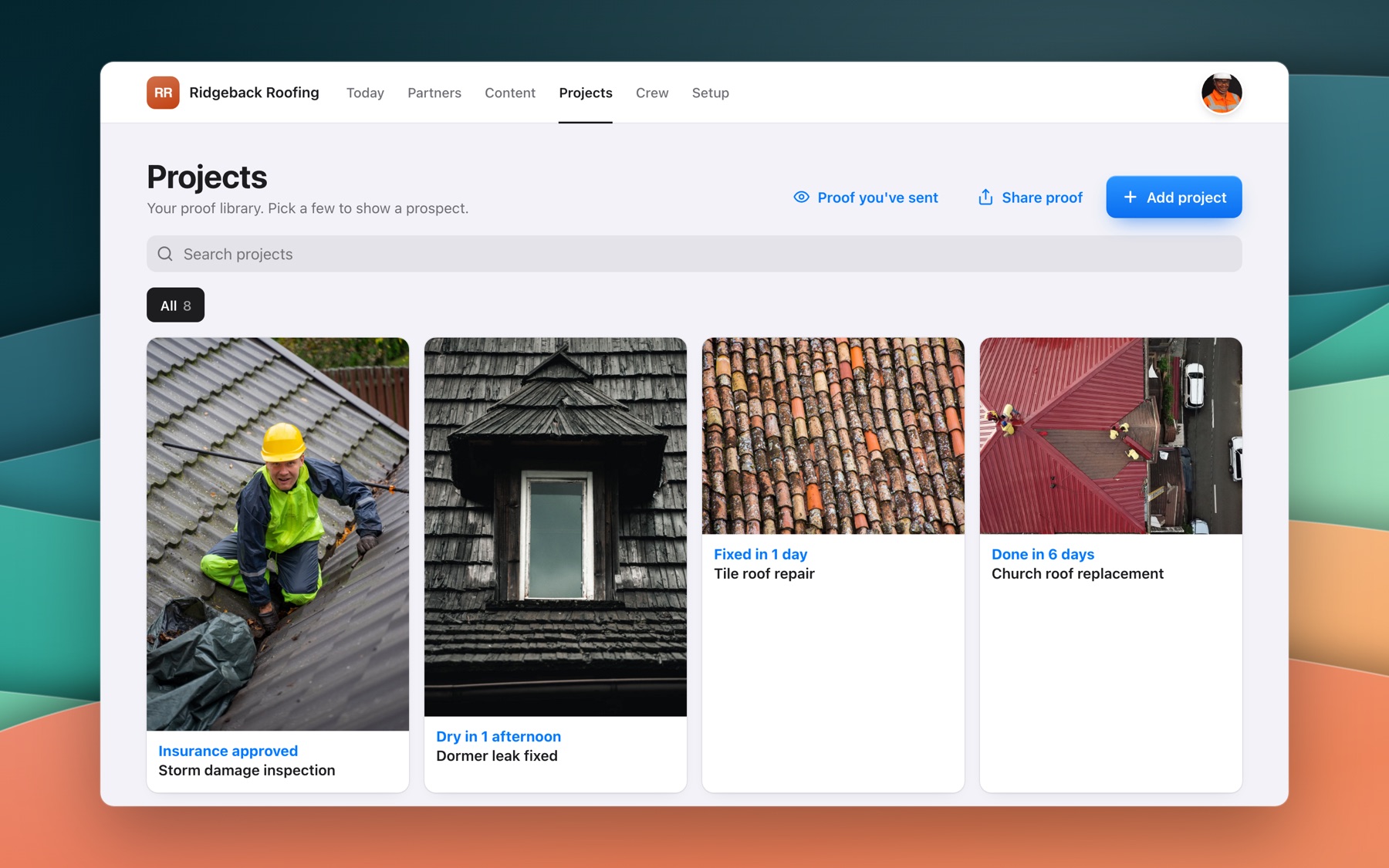 Projects in the app for Ridgeback Roofing