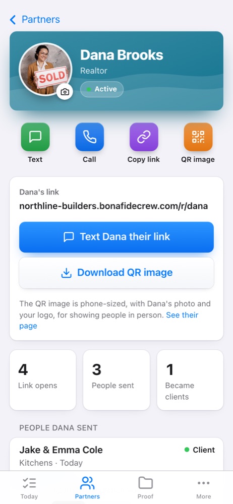 Dana's partner screen in the app, with the people she sent