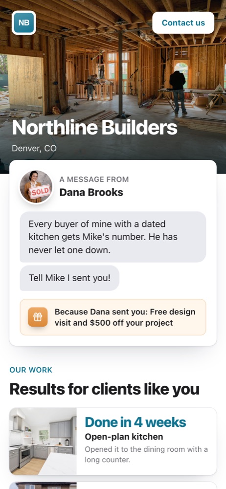 Dana's partner page for Northline Builders
