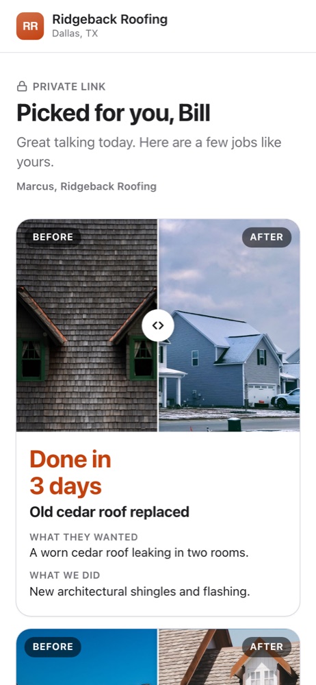 A proof page with a before and after roof