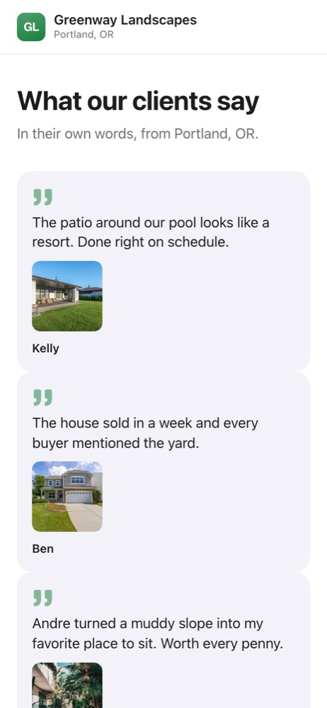 What our clients say page for Greenway Landscapes