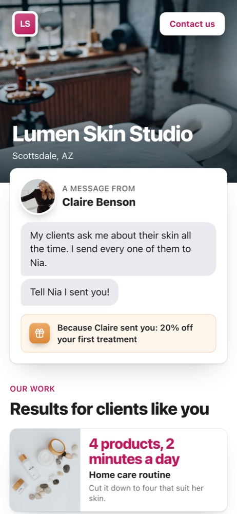 Claire's page for Lumen Skin Studio, what her friend sees