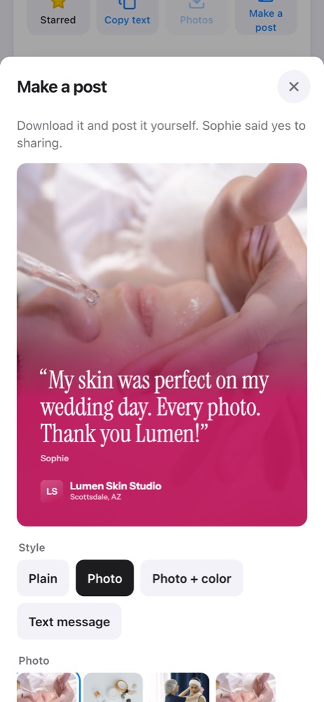 Making a post in the app for Lumen Skin Studio
