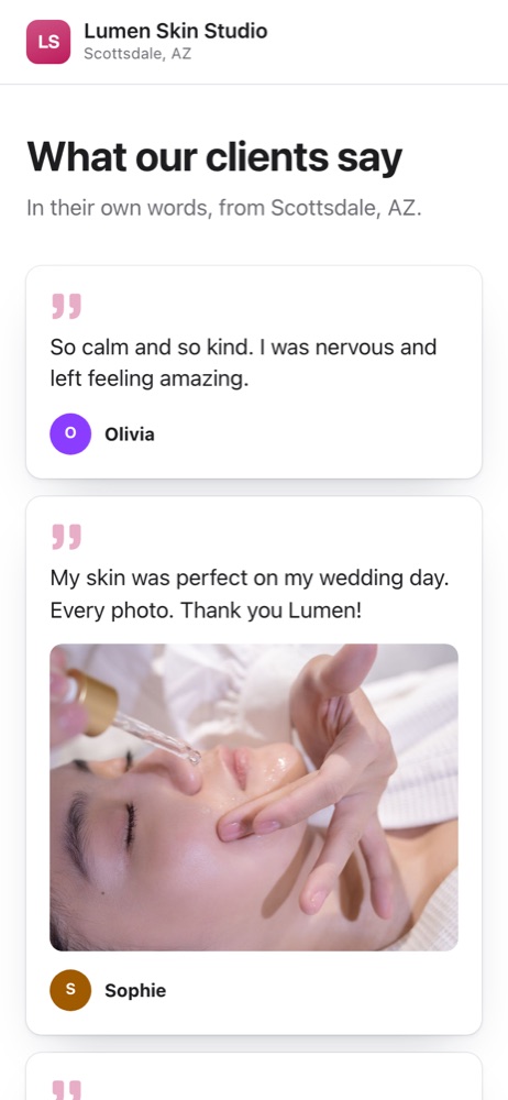 What our clients say page for Lumen Skin Studio