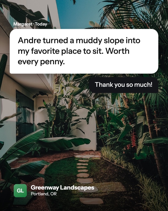 A landscaper's post: the words as a text message over a garden