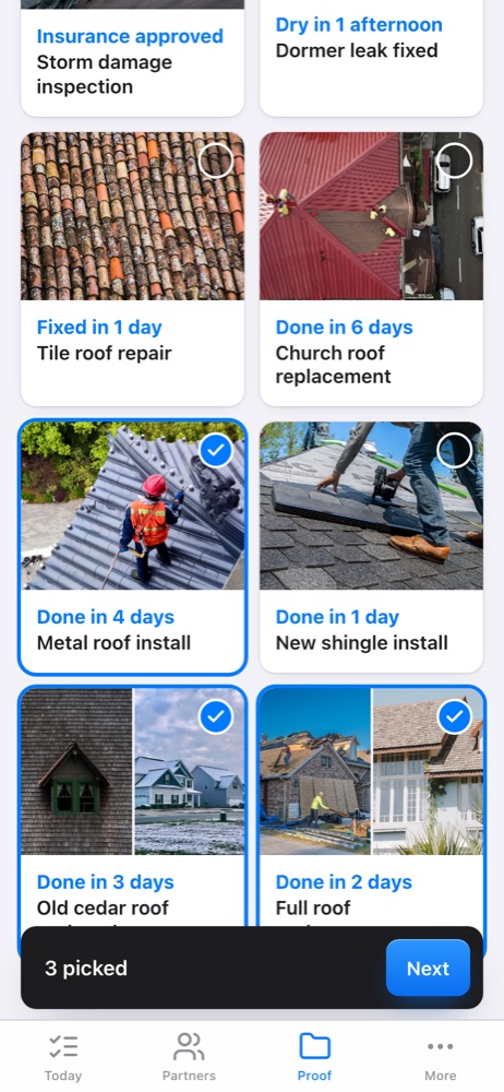 Picking roof jobs to share in the app