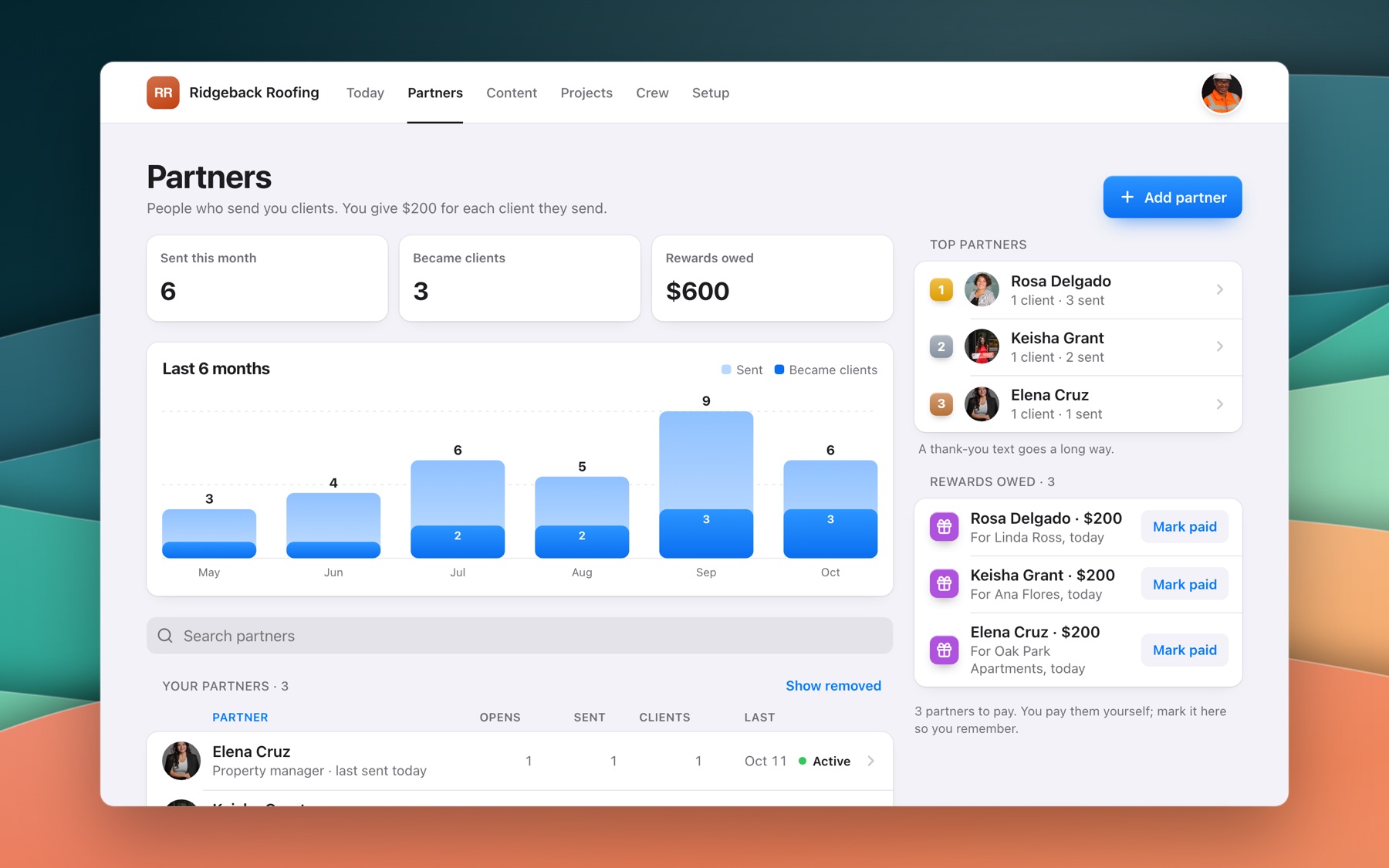 The Partners screen for Ridgeback Roofing: top partners, a six-month chart and rewards owed