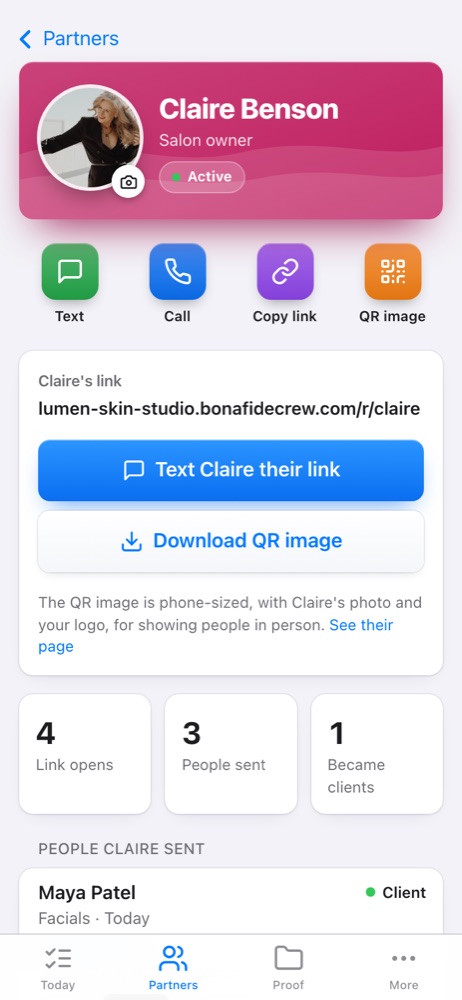 Claire in the app, with her link and QR picture